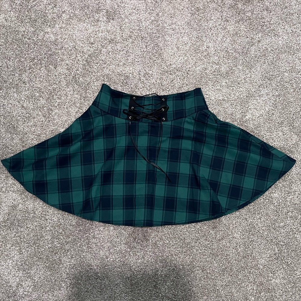 Plaid Green Skirt with Lace-Up Detail